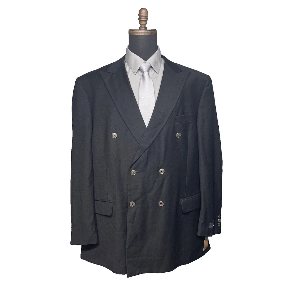 NWT Bill Blass 48L Black Double Breasted Wool Sport Coat Blazer